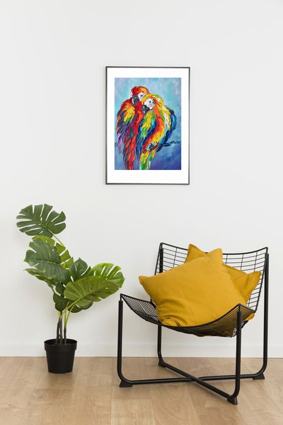 Parrots in love - oil painting, birds, parrots, birds oil painting, painting, gift, parrots art, art bird, animals oil painting