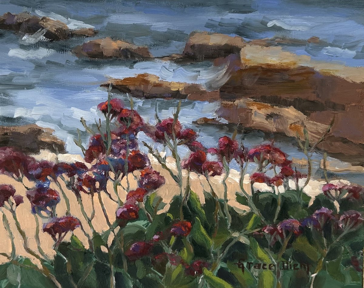 Impressionistic Botanical Oil Painting By Grace Diehl, 10 X 8, Flowers By The Sea, Original Artwork