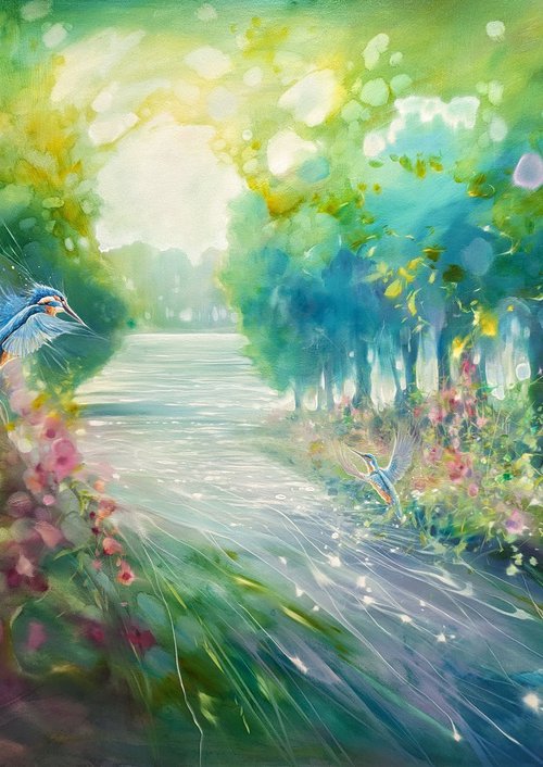 The Kingfishers Eden, a magical kingfisher painting by Gill Bustamante
