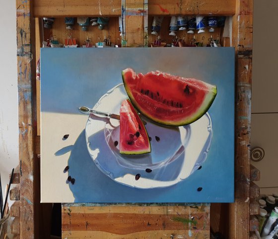 "Juicy slices"  still life summer watermelon liGHt original painting  GIFT (2019)
