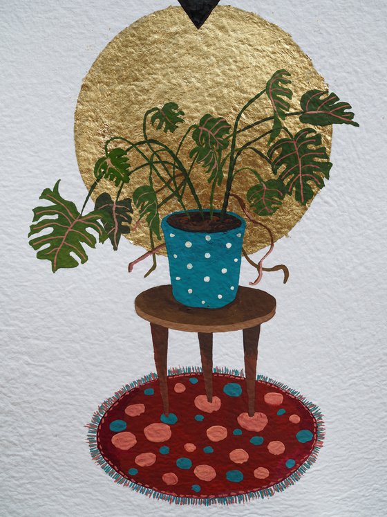 Plants lover's interior - original painting with gold potal on handmade paper