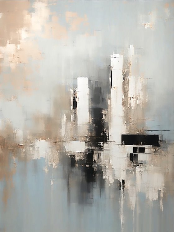 Mistline Cityscape in Pastel Blue and Gold