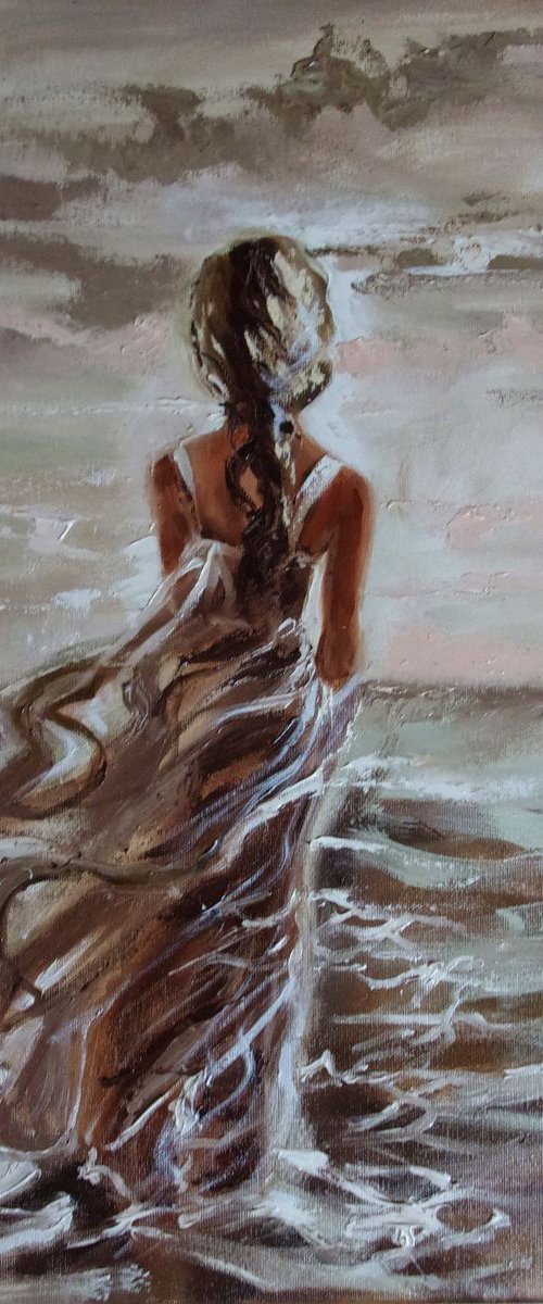 " DIFFICULT CHOICES ... "- SKY SEA SAND liGHt  ORIGINAL OIL PAINTING, GIFT, PALETTE KNIFE by Monika Luniak