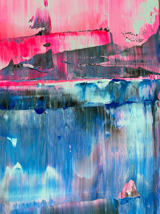 "From The Ice Age To The Pink Age" - FREE USA SHIPPING - Original PMS Abstract Acrylic Painting On Reclaimed Wood Panel - 14" x 24"