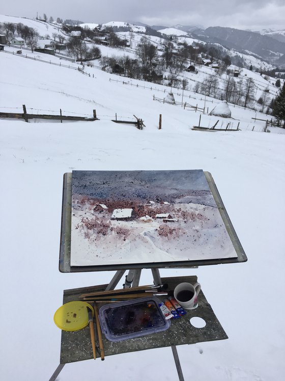 Winter landscape painting Original watercolor