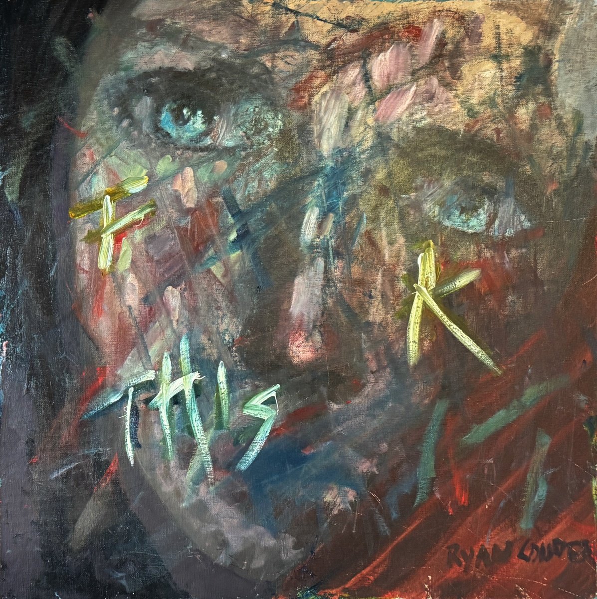 Expressive Portrait Oil Painting By Ryan Louder, 20 X 20", Fk This!, Original Artwork