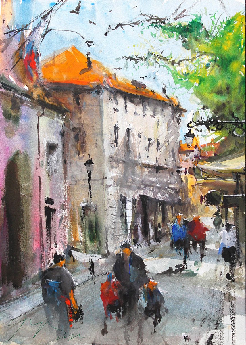 Impressionistic Cityscapes Watercolour By Maximo Damico, 8 X 11", Znojmo Plein Air, Original Artwork