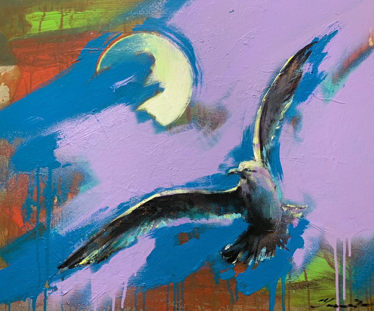 Bright painting - Seagull on violet sunset - 2022 by Yaroslav Yasenev