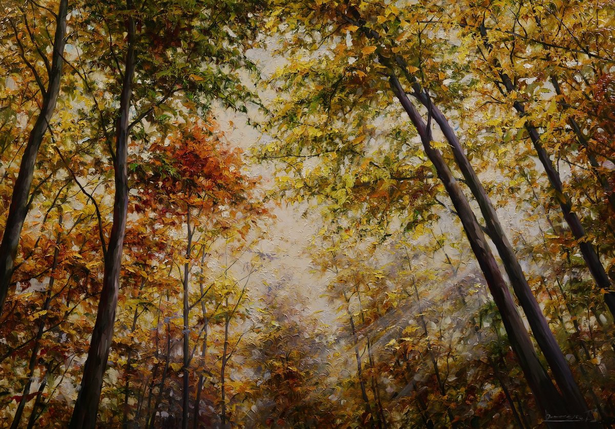 Impressionistic Landscape Oil Painting By Gennady Vylusk, 39 X 28, Autumn Morning, Original Artwork