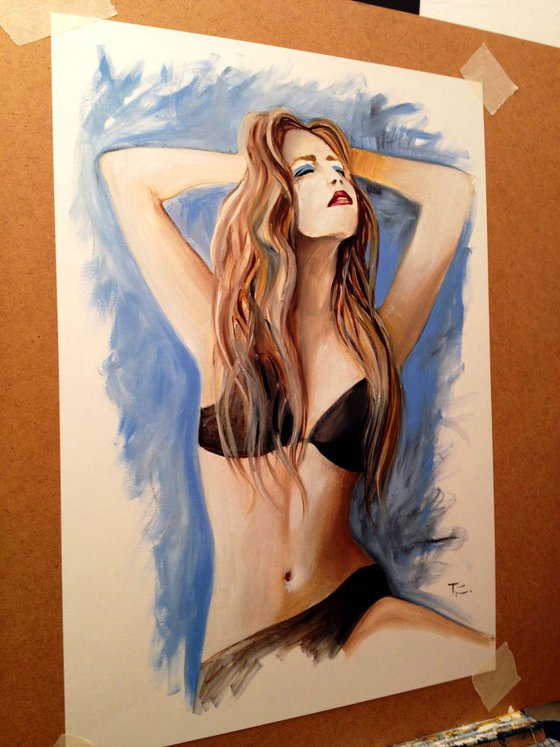 Blue eyeshadow- original oil on paper- modern nude figure- 42 x 59 cm (17' x 23 ')