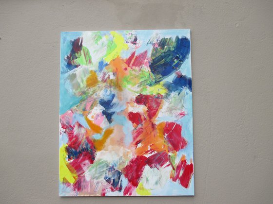 peach and blue abstract painting
