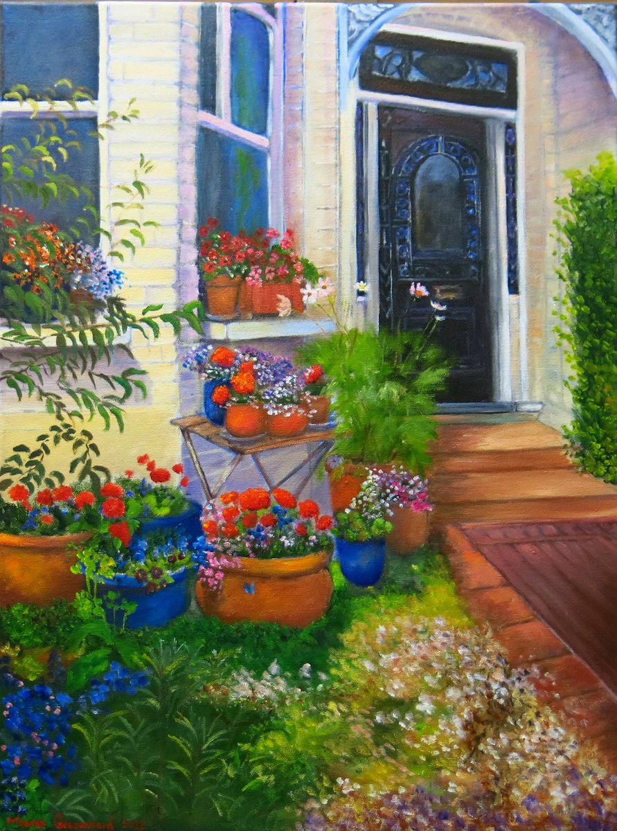 Impressionistic Botanical Oil Painting By Maureen Greenwood, 18 X 24", A Front Garden In Muswell Hill, Original Artwork