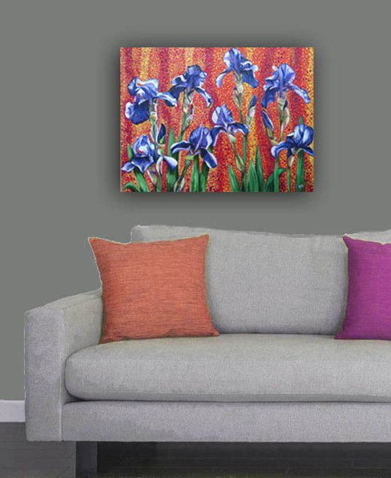 Irises, Purple on Red