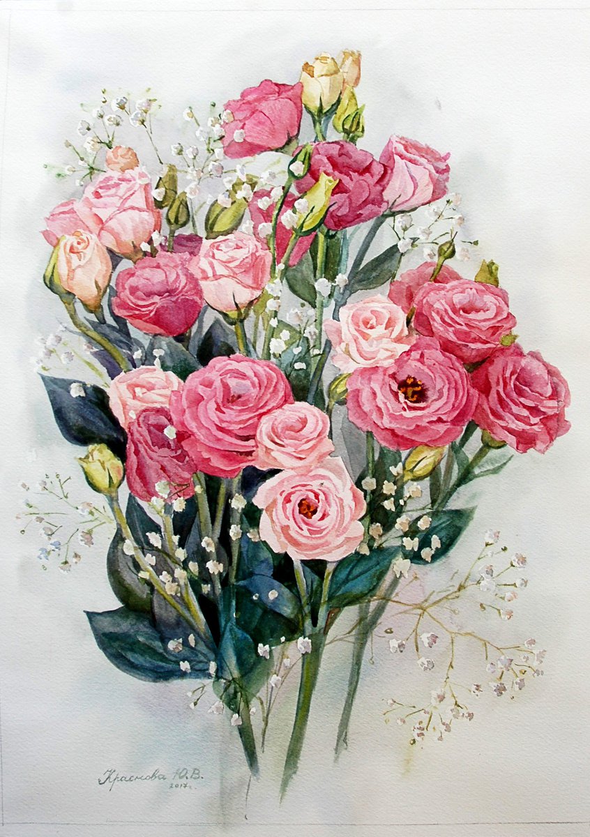 Photorealistic Botanical Watercolour By Yulia Krasnov, 15 X 20", Bouquet Of Pink Lisianthus, Original Artwork