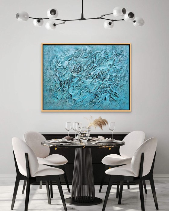 CORAL REEF. Large Abstract Blue Teal Silver Textured Painting 3D