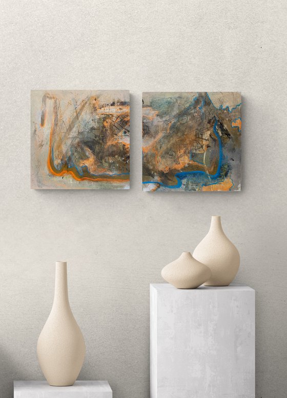 "Tandem" - diptych abstract, beige abstract painting, small painting, 25*25 cm.