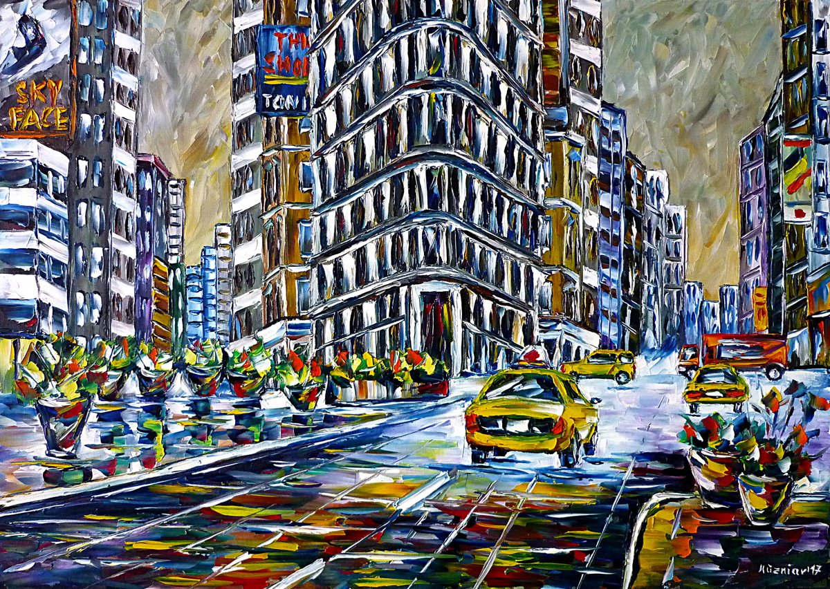 Expressive Cityscapes Oil Painting By Mirek Kuzniar, 28 X 20", Cloudy Day In New York, Original Artwork