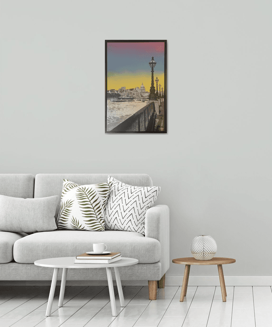 View of St Pauls from the South Bank - London City Skyline Cityscape over River Thames in Pop Art Style with Yellow, Blue, Pink Spray Paint