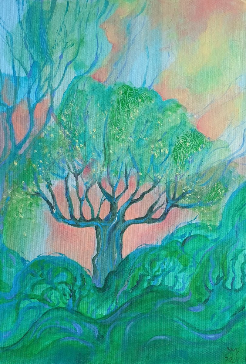 Impressionistic Landscape Acrylic Painting By Ksenia June, 9 X 14", Blossoming Spring In Greens, Original Artwork