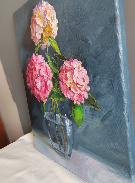 Pink hydrangea bouquet original oil painting still life 16x20"