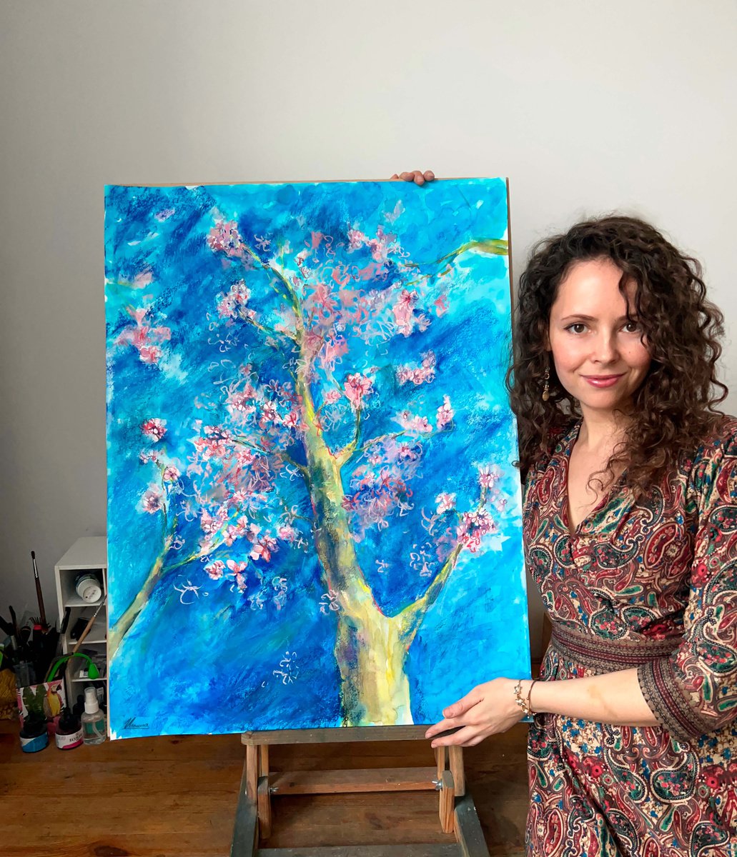 SPRING TREE - Pastel and watercolor drawing on paper, dlue decor, home interior, wall art... by Tatsiana Ilyina