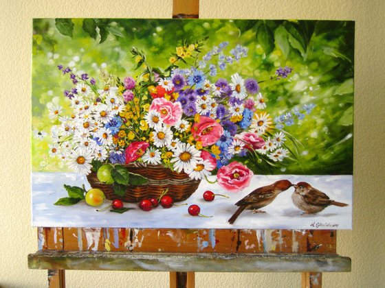 Wildflower Basket with Birds