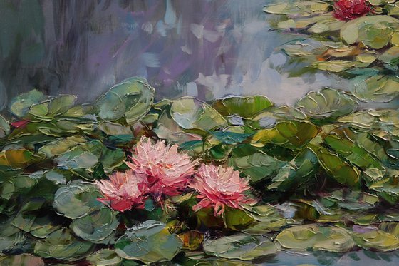 "Reflection of pink lilies"