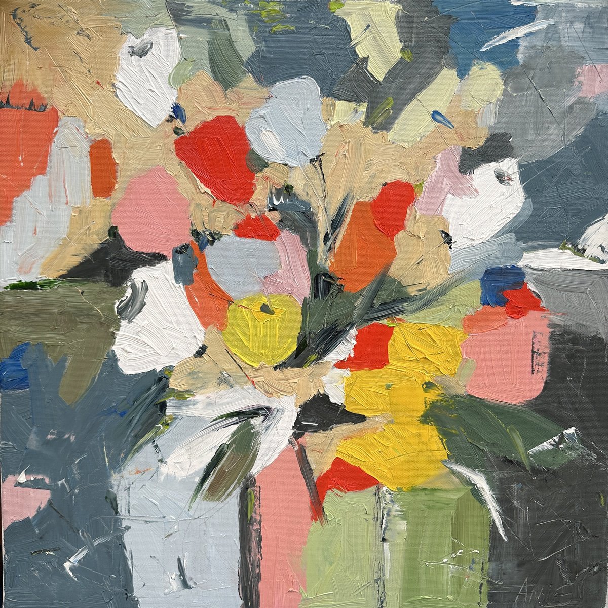 Abstract Oil Painting By Irina Anis, 20 X 20, Soft Grey Floral Abstract 3, Original Artwork