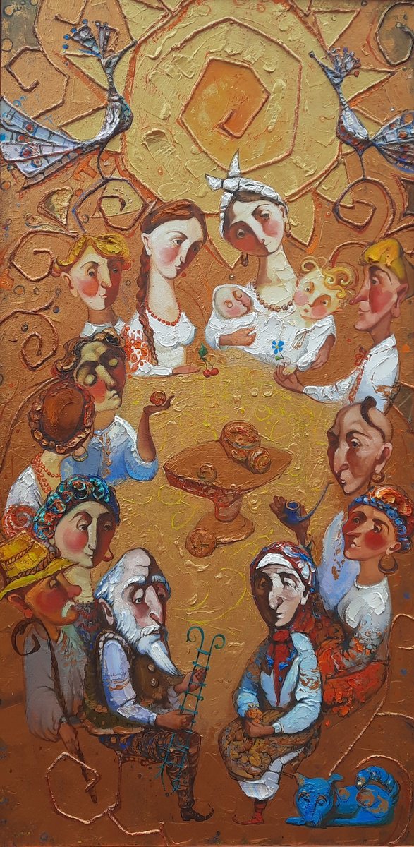 Naive Portrait Oil Painting By Oksana Zbrutska, 24 X 48", "The Family Tree Of Life", Original Artwork