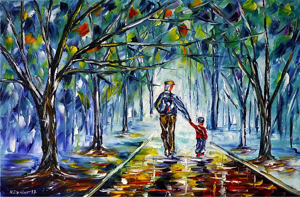 Expressive Oil Painting , Grandpa With Grandson By Mirek Kuzniar, 24 X 16, Artwork For Sale On Artfinder