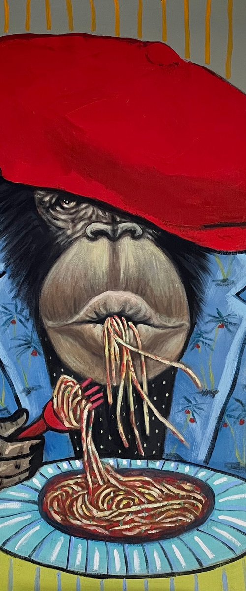 Boss enjoying his spaghetti and wine by Ta Byrne