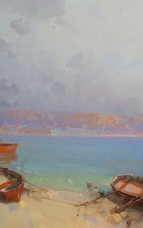 Boats on the Shore Original oil painting  Handmade artwork One of a kind Large Size by Vahe Yeremyan
