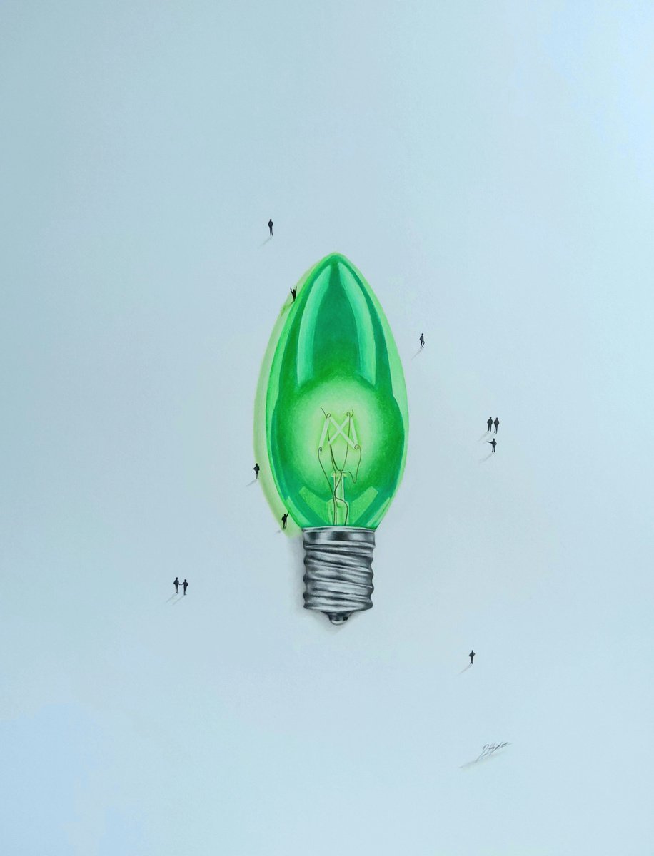 Urban And Pop Still Life Pencil Drawing By Daniel Shipton, 16 X 20, Green Lightbulb, Original Artwork