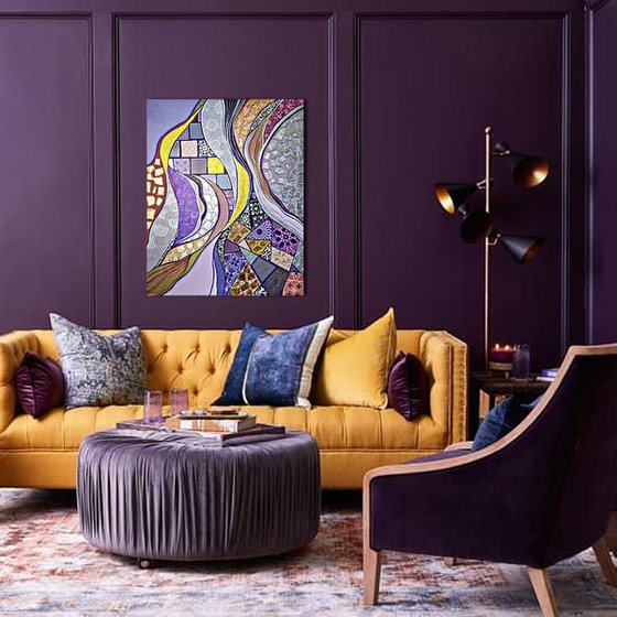 Colorful large abstract painting. Purple lilac silver gold Oriental wall art