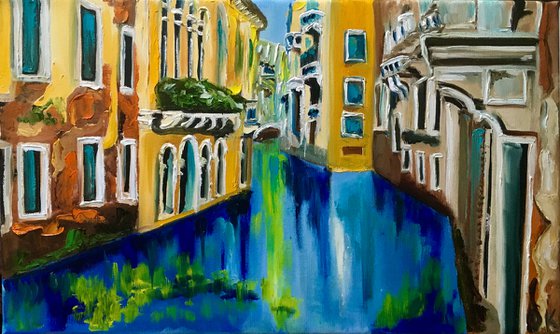 Venice. Canal . Water reflections. Oil painting, palette knife artwork