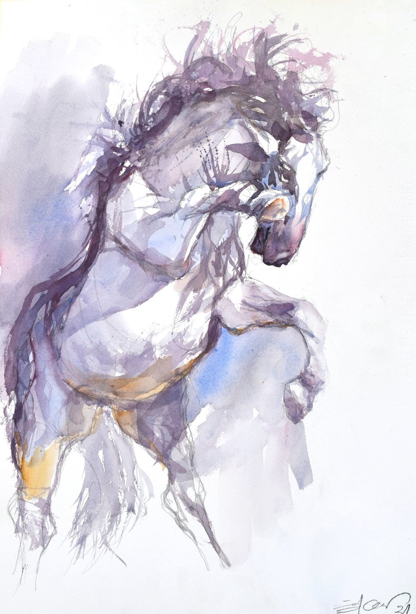 Expressive Animal Watercolour By Goran Zigolic Watercolors, 15 X 22, Prancing Horse -Lpz03, Original Artwork