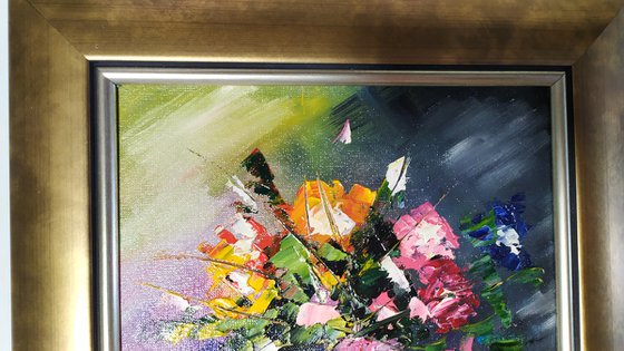 Abstract flowers, original small framed oil painting, gift idea, palette knife painting