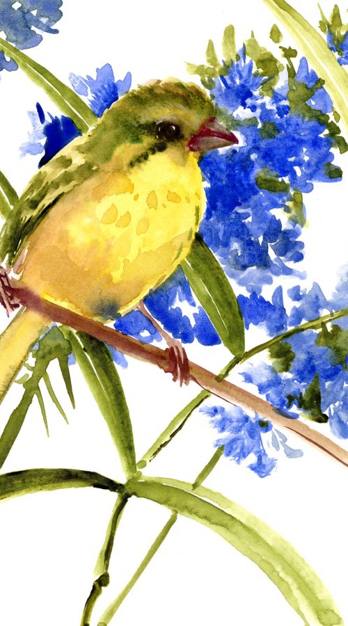 Canary Bird and Blue Flowers by Suren Nersisyan