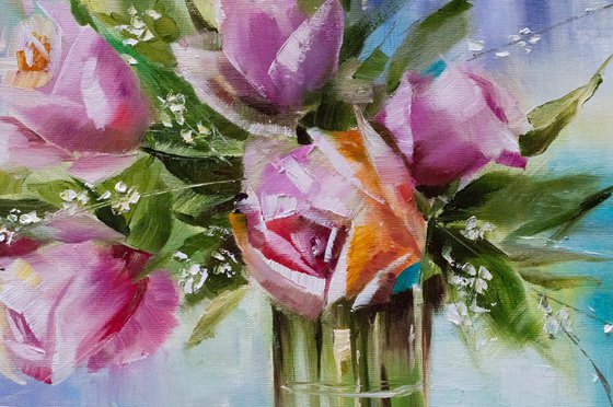 Bright Roses. oil painting, bouquet of roses