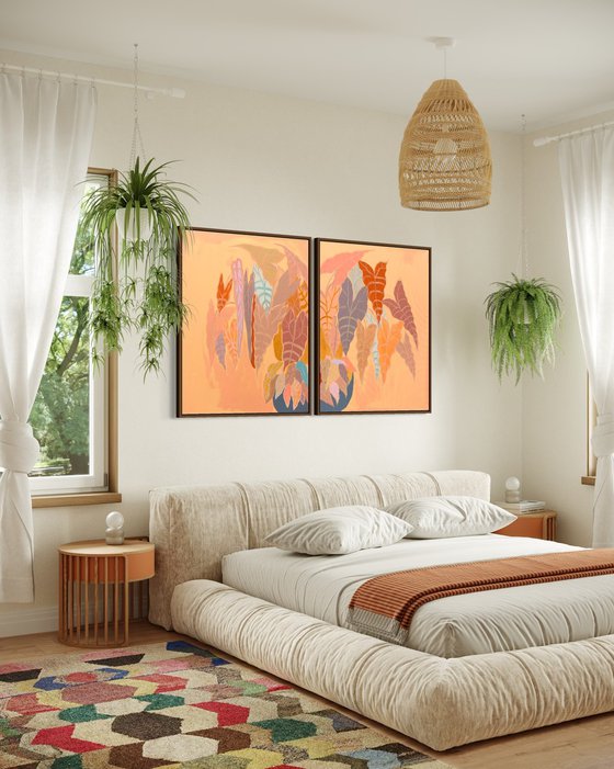 ‘Burnt Coral Alocasia and Begonia’ diptych