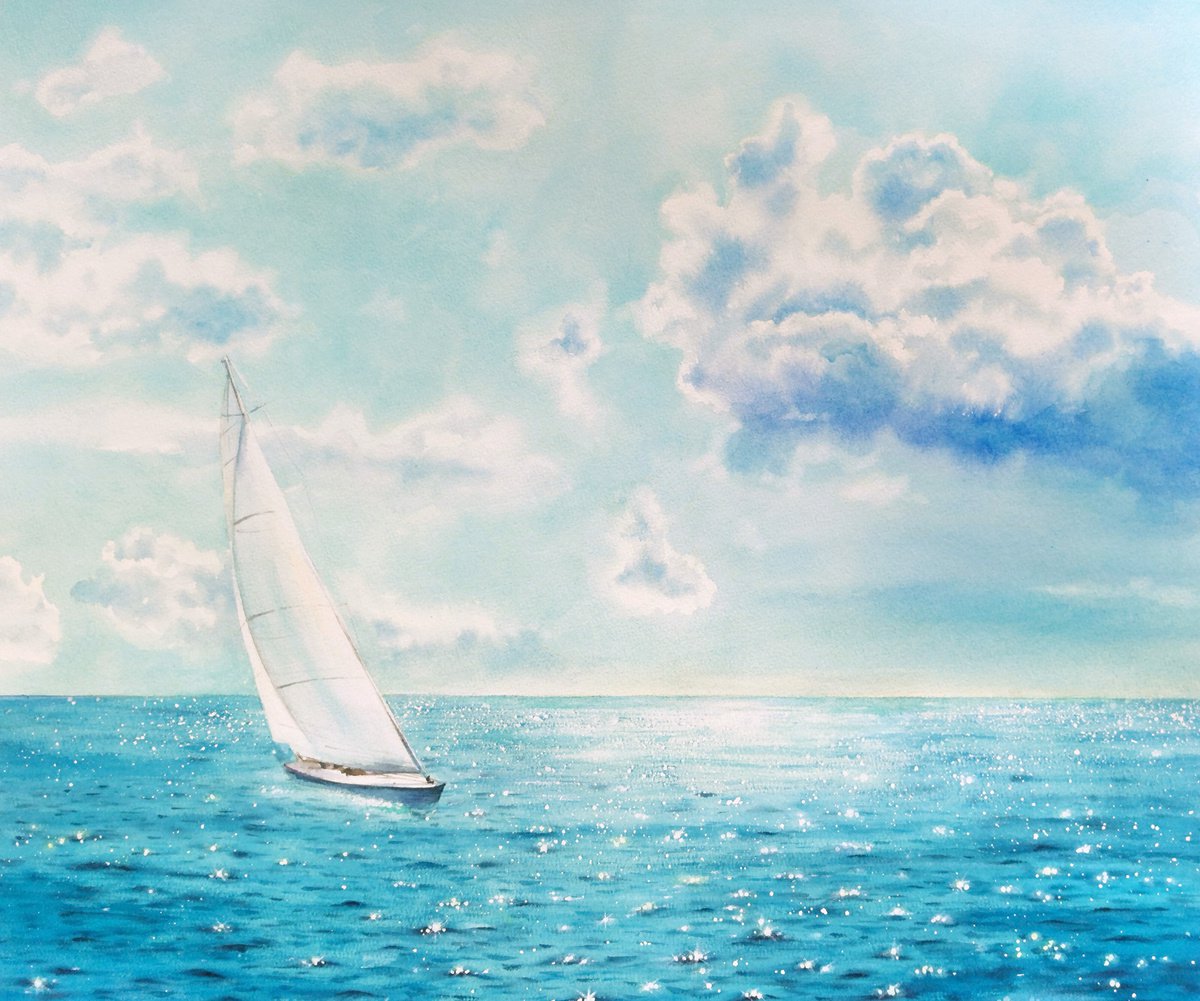 Sailboat - Yacht Art - seascape - sea and sky - yacht - sunset by Olga Beliaeva Watercolour