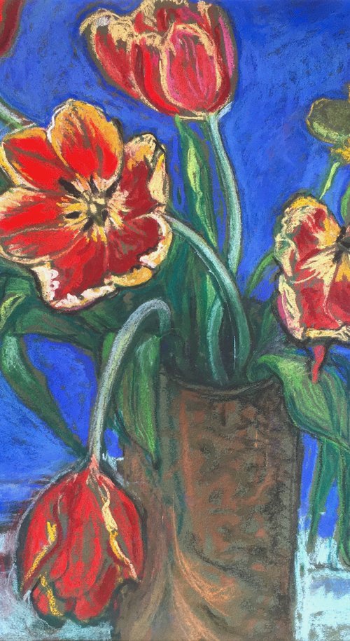 Red Tulips on a blue background by Patricia Clements