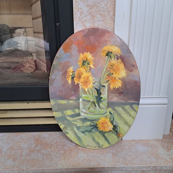 Dandelions (12x16x0.7'') oil on oval canvas original painting