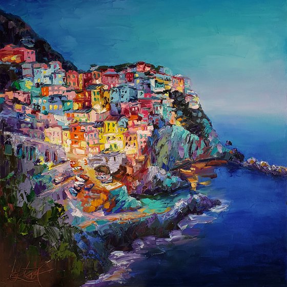 Manarola, Riomaggiore Province - Liguria, Italy landscape oil impasto painting