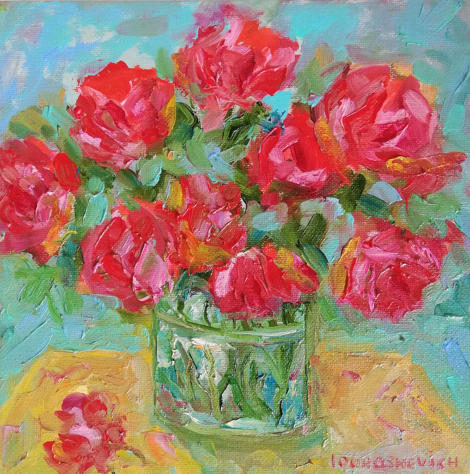 Impressionistic Botanical Oil Painting By Katia Ricci, 8 X 8", Red Roses In Vase, Original Artwork