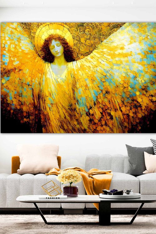 Angel. Large format 180 x 120 cm Original golden bronze huge wall art on canvas. Large artwork for home decor by BAST