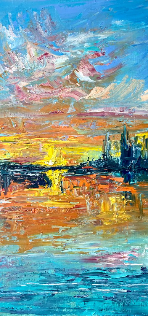 Sunset - Big city never sleeps, 70*80cm, impressionistic landscape oil painting in orange and turquoise by Olga Blazhko