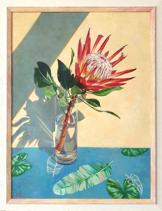 "African rose."  still life summer Protea flower liGHt original painting  GIFT (2020)