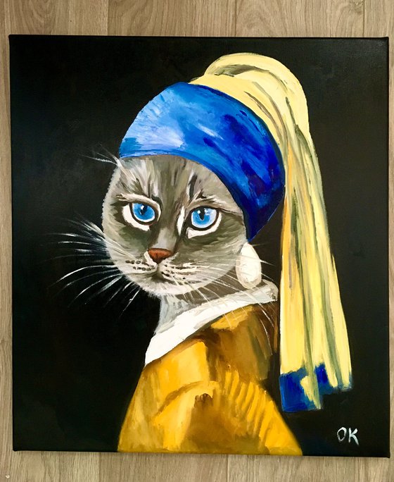 British blue Cat with the pearl earring #2 inspired by Vermeer painting feline art for cat lovers gift idea