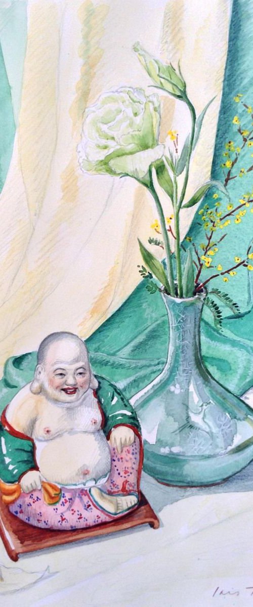 Happy Buddha with Lisianthus Flower by Iris Toren